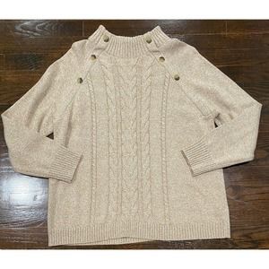 Talbots Heathered Brown Cable Knit Sweater Sz Petite XLp Faux Button Neck Detail